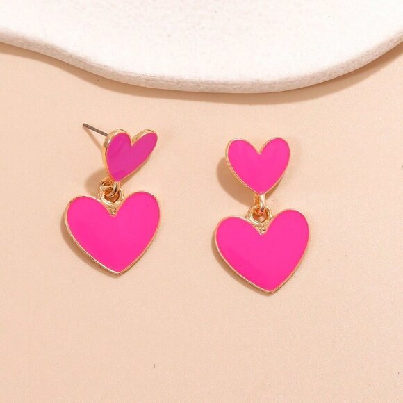 Hot Pink Women's Fashion Heart Drop Earrings - Picture 3 of 3